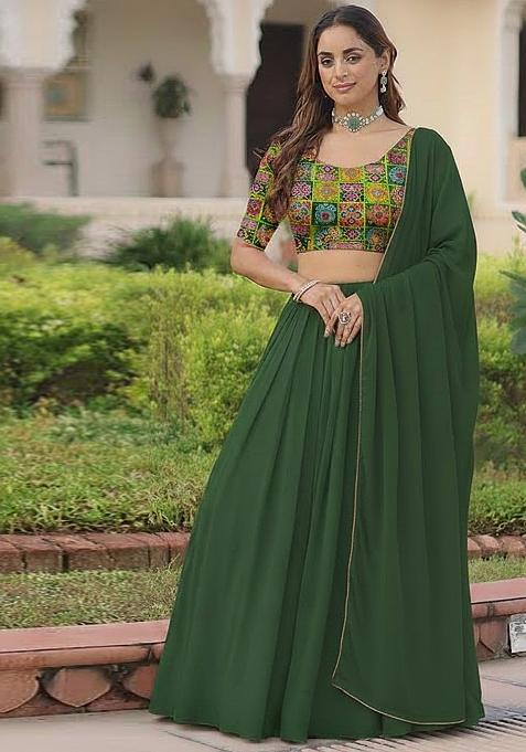 Green Embroidered Poly Blend Lehenga Set