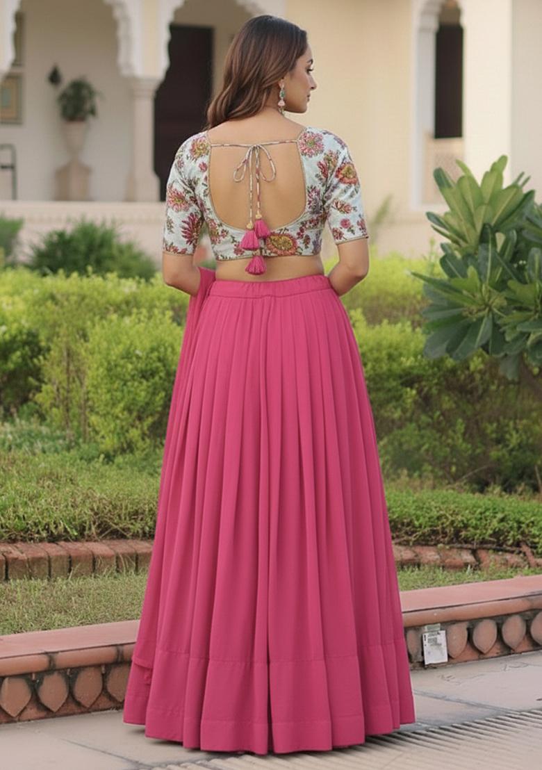 Pink Floral Print Georgette Lehenga Set - Indya