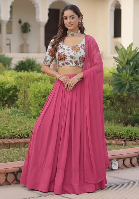 Pink Floral Print Georgette Lehenga Set