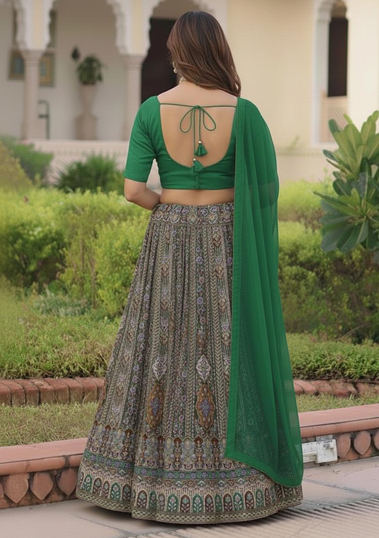 Green Embroidered Crepe Lehenga Set - Indya
