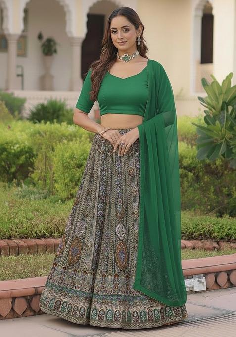 Green Embroidered Crepe Lehenga Set