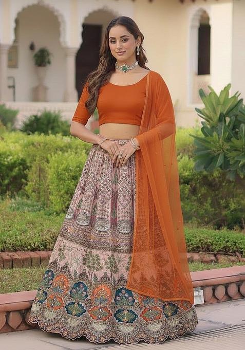 Orange Embroidered Crepe Lehenga Set