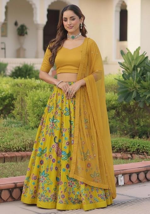 Yellow Embroidered Crepe Lehenga Set