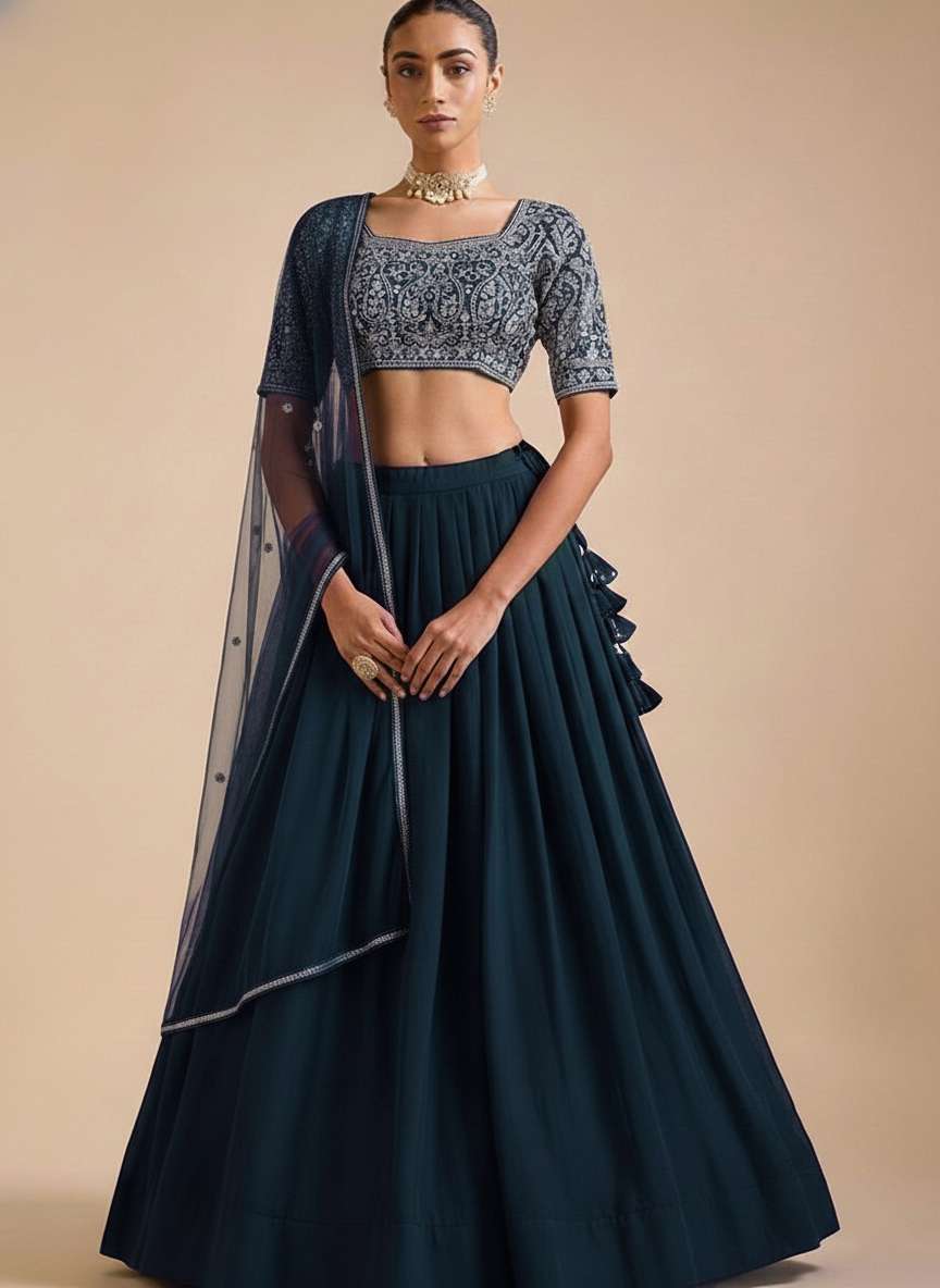 Dark Blue Embroidered Georgette Lehenga Set - Indya