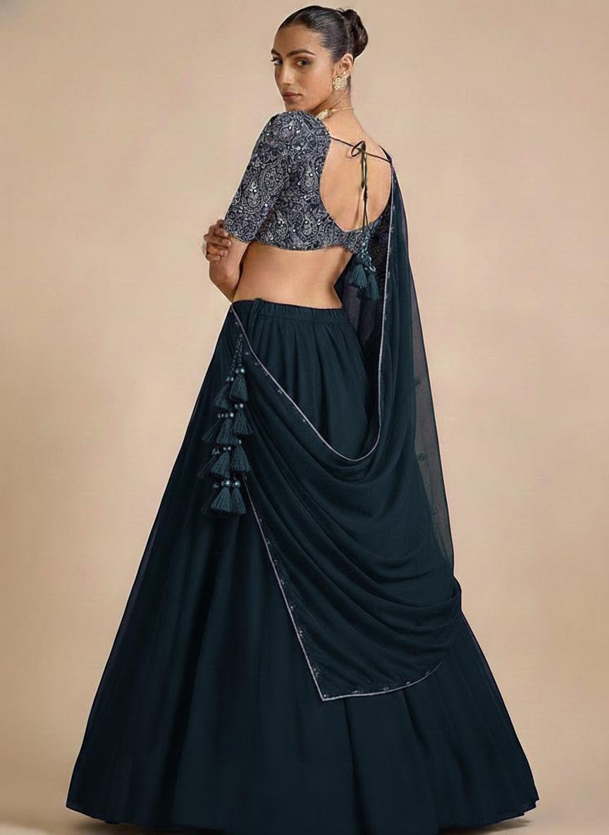 Dark Blue Embroidered Georgette Lehenga Set - Indya