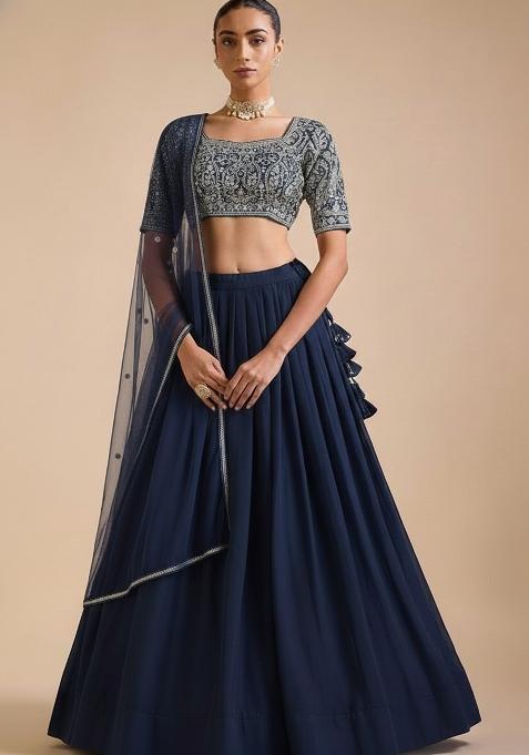 Dark Blue Embroidered Georgette Lehenga Set