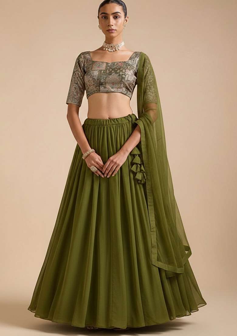 Olive Green Figure Print Silk Lehenga Set - Indya