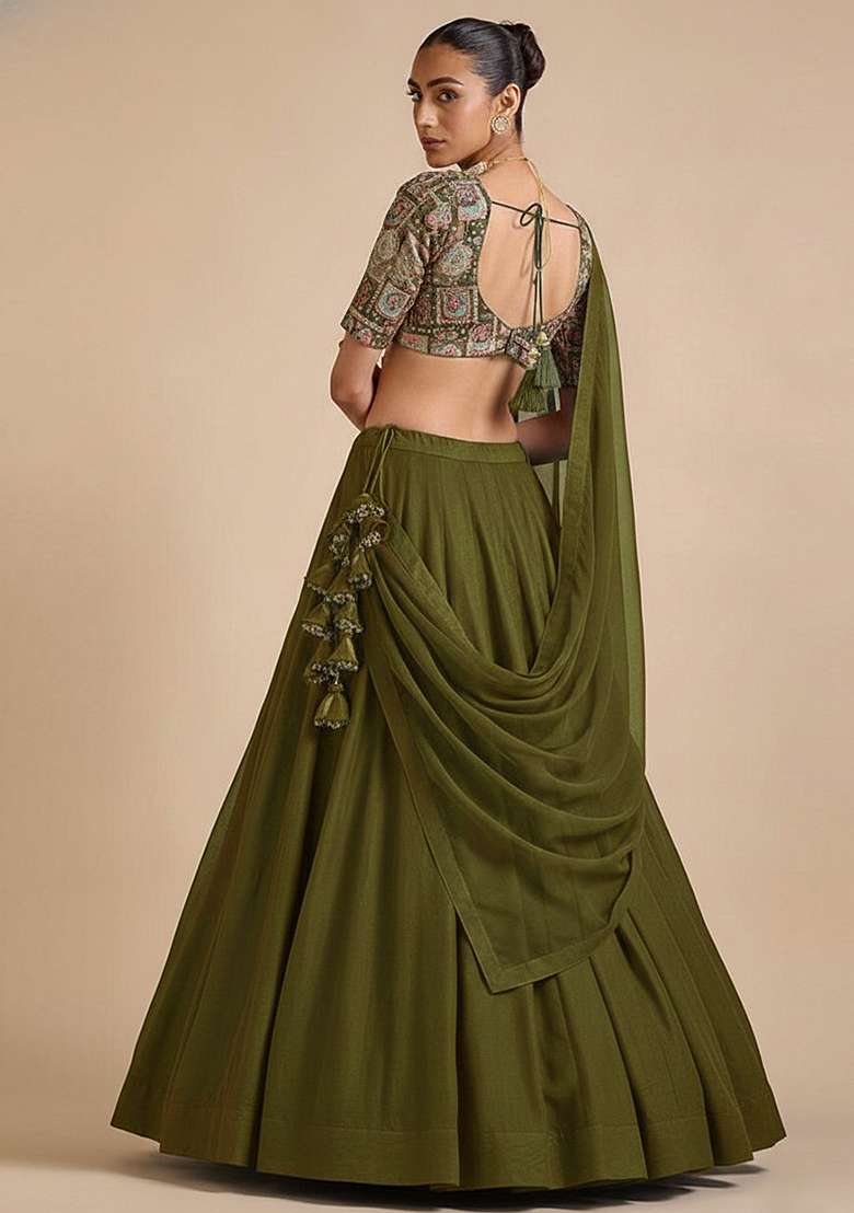 Olive Green Figure Print Silk Lehenga Set - Indya
