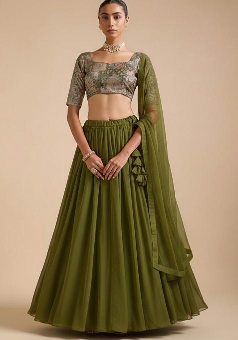 Olive Green Figure Print Silk Lehenga Set