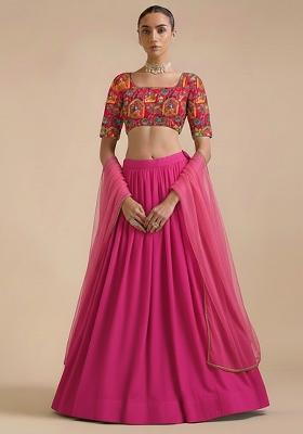 Pink Embroidered Poly Blend Lehenga Set
