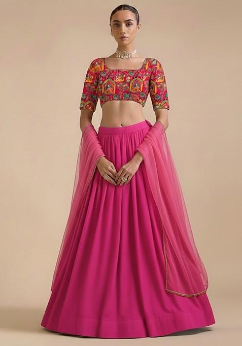 Pink Embroidered Poly Blend Lehenga Set