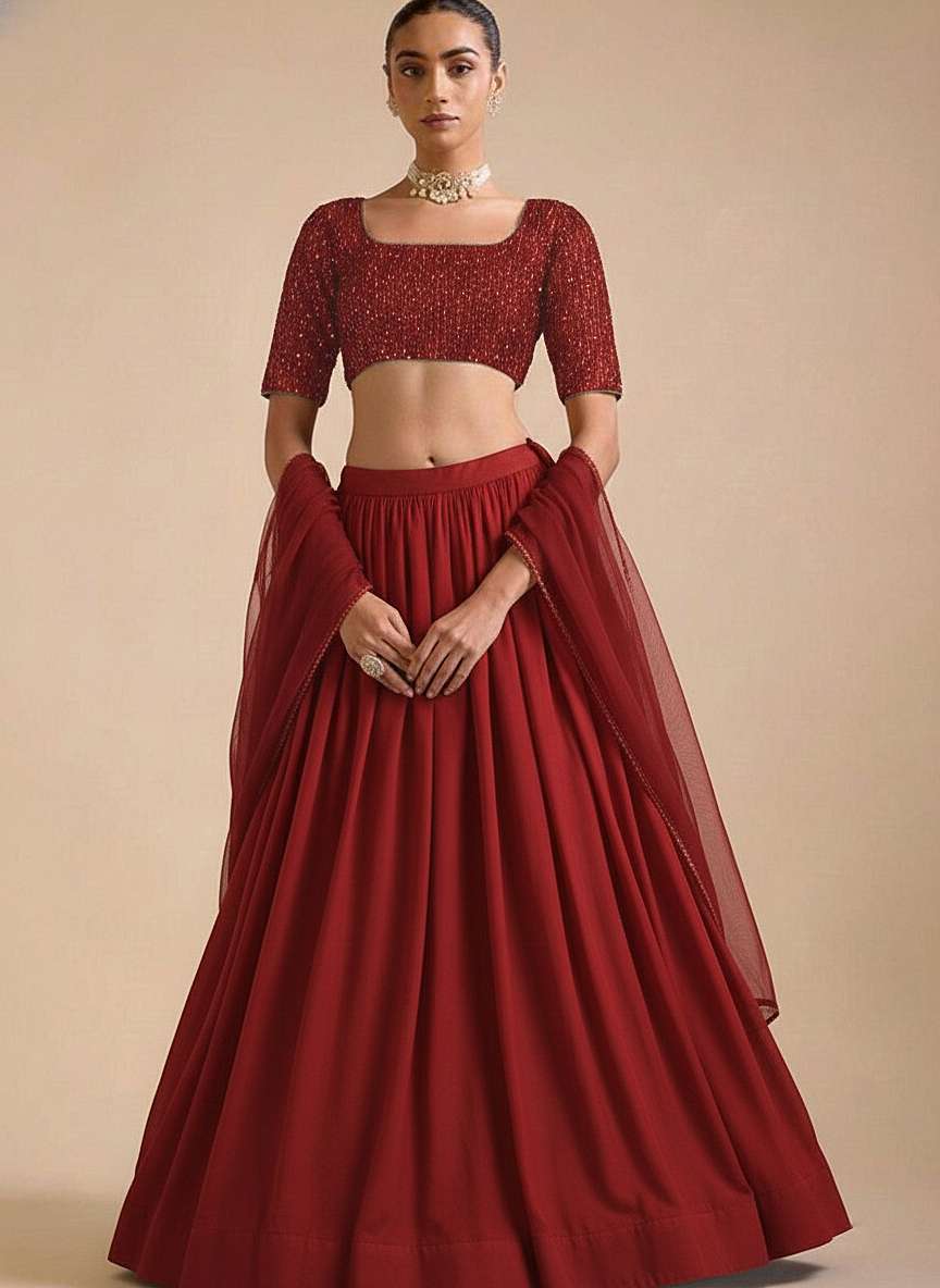 Maroon Net Lehenga Set with Sequin for Diwali | Wedding & Festive Wear - Indya