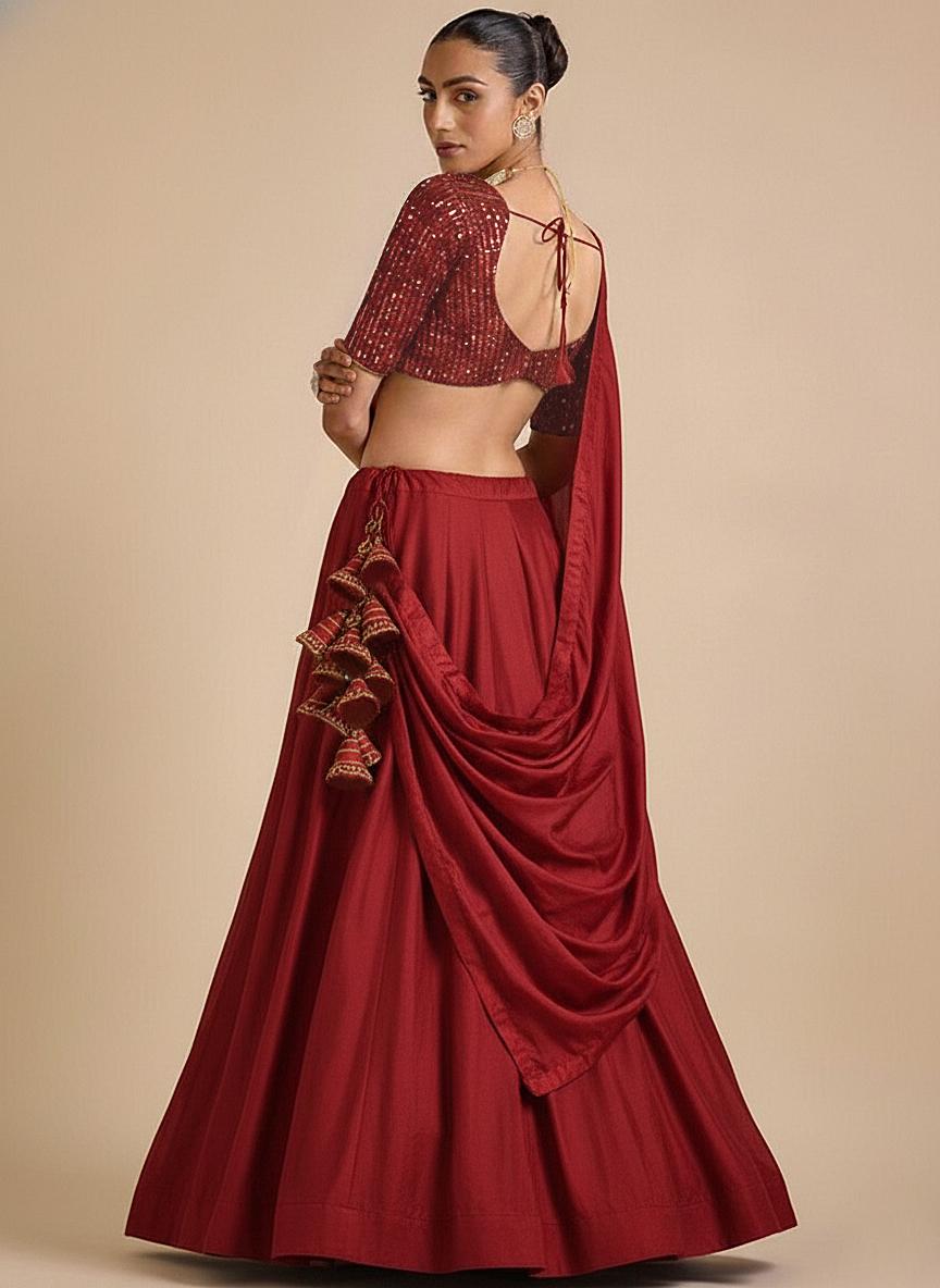 Maroon Sequin Net Lehenga Set - Indya