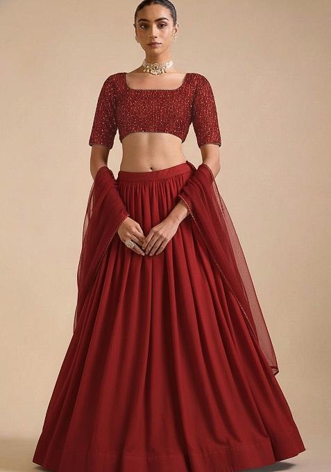 Maroon Sequin Net Lehenga Set