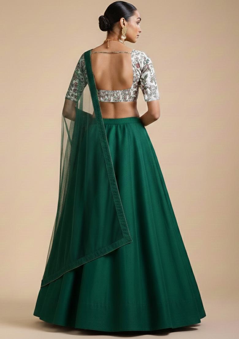 Bottle Green Embroidered Silk Lehenga Set - Indya