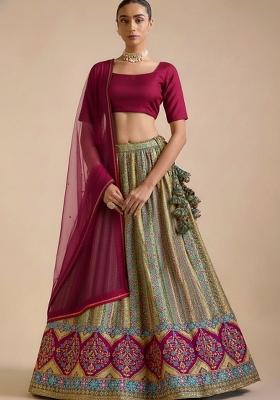 Wine Printed Brocade Lehenga Set