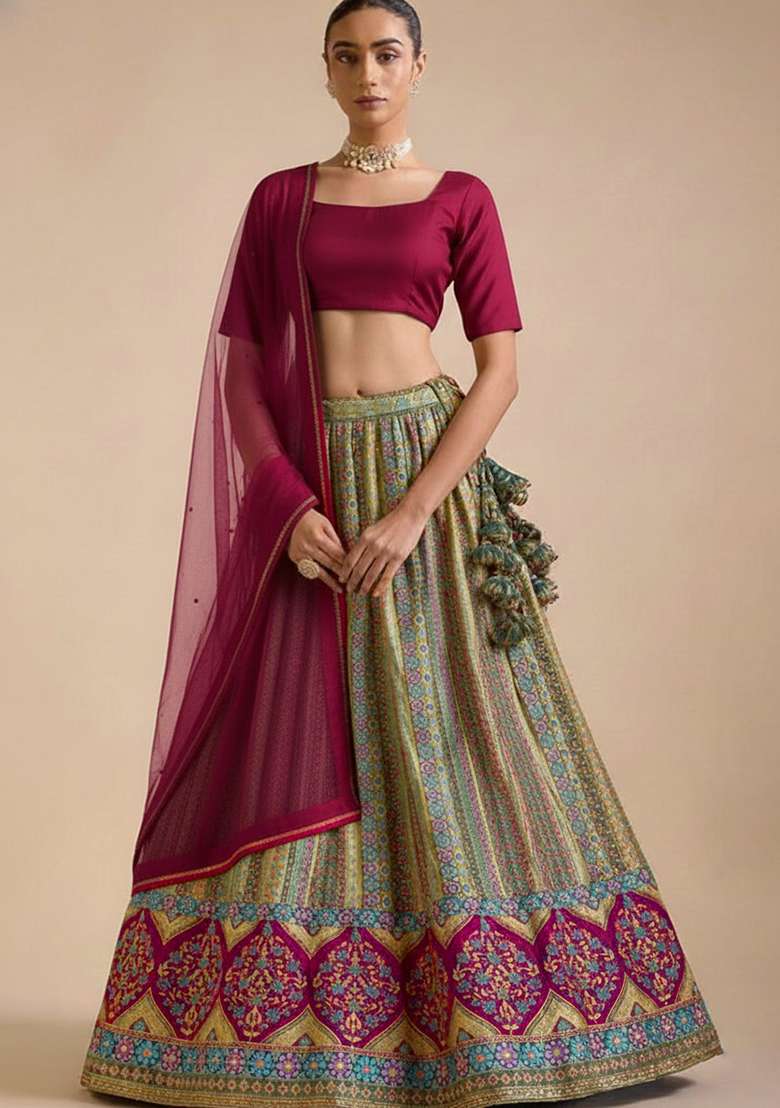 Wine Printed Brocade Lehenga Set - Indya