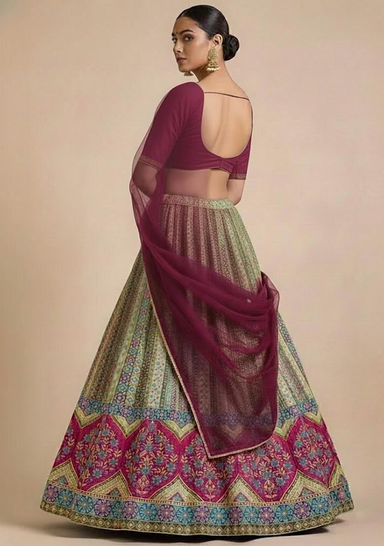 Wine Printed Brocade Lehenga Set - Indya