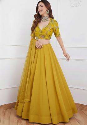 Yellow Embroidered Crepe Lehenga Set