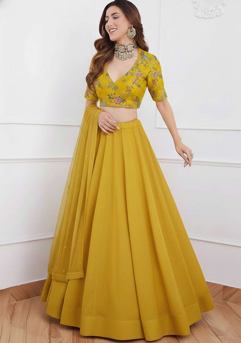 Yellow Embroidered Crepe Lehenga Set for Diwali and Festive Wear - Indya