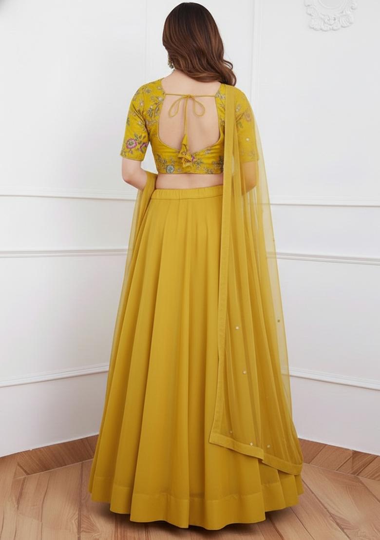 Yellow Embroidered Crepe Lehenga Set - Indya