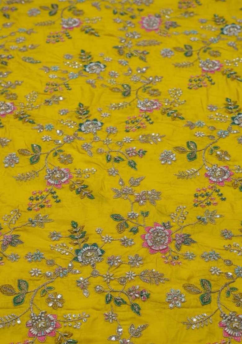Yellow Embroidered Crepe Lehenga Set for Diwali and Festive Wear - Indya