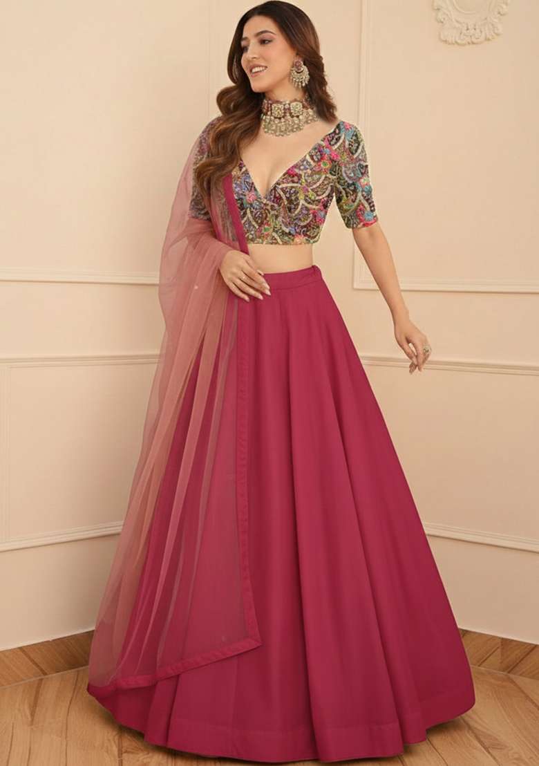 Pink Embroidered Crepe Lehenga Set - Indya