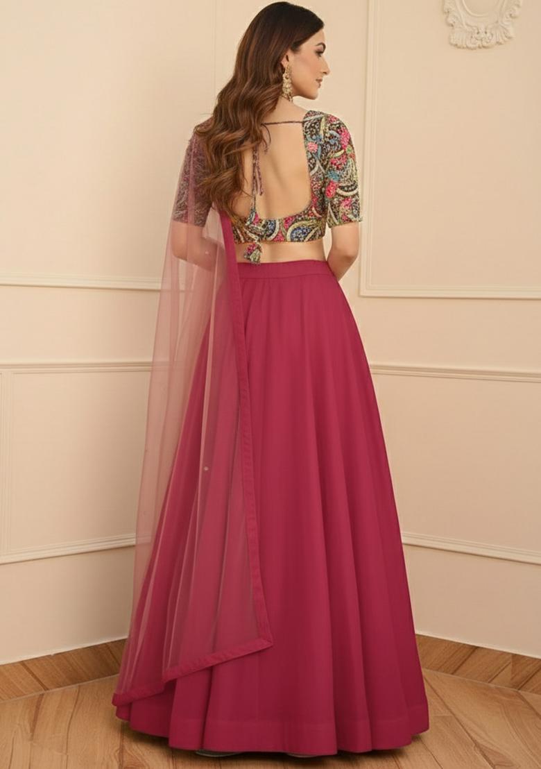 Pink Embroidered Crepe Lehenga Set - Indya