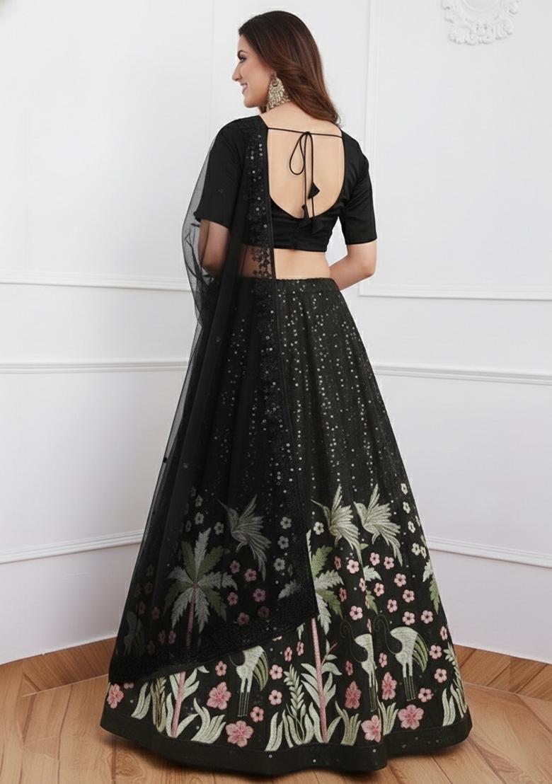 Black Embellished Silk Lehenga Set - Indya