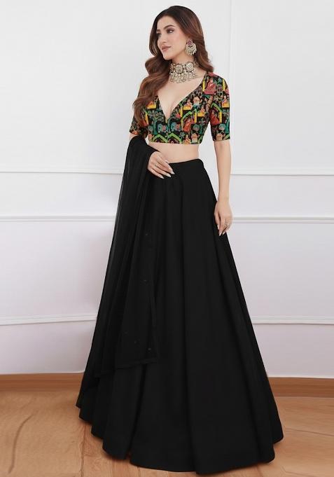 Black Embroidered Poly Blend Lehenga Set