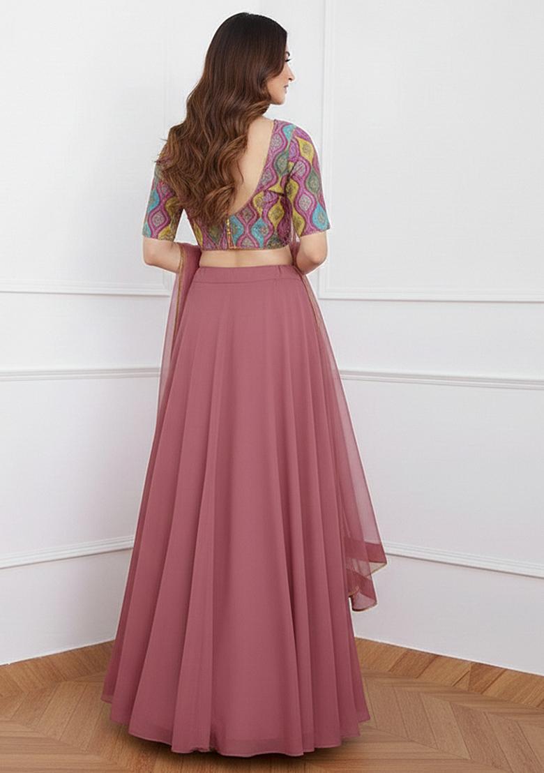 Pink Abstract Print Silk Lehenga Set - Indya