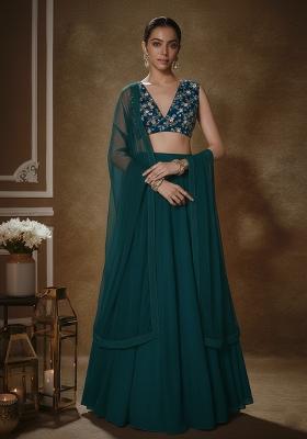 Teal Green Embroidered Crepe Lehenga Set