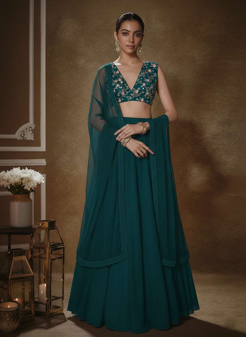Teal Green Crepe Lehenga Set with Embroidered for Diwali | Wedding & Festive Wear - Indya