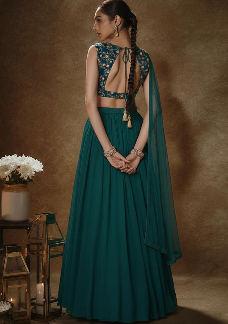 Teal Green Embroidered Crepe Lehenga Set - Indya