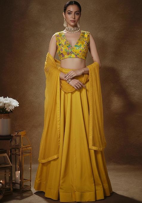 Yellow Embroidered Crepe Lehenga Set