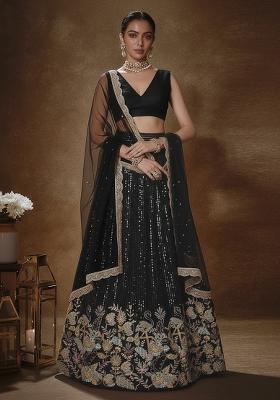 Black Embellished Silk Lehenga Set