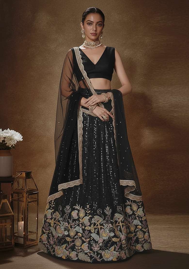 Black Embellished Silk Blend Lehenga Set - Indya