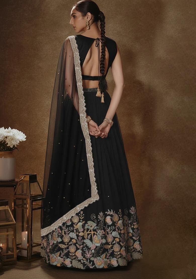 Black Embellished Silk Lehenga Set - Indya