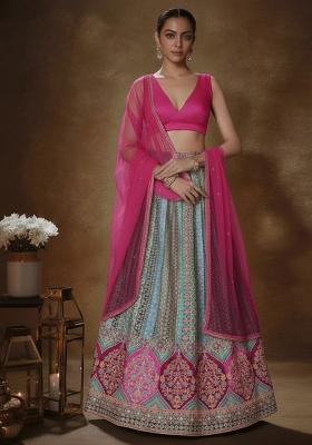 Pink Printed Brocade Lehenga Set