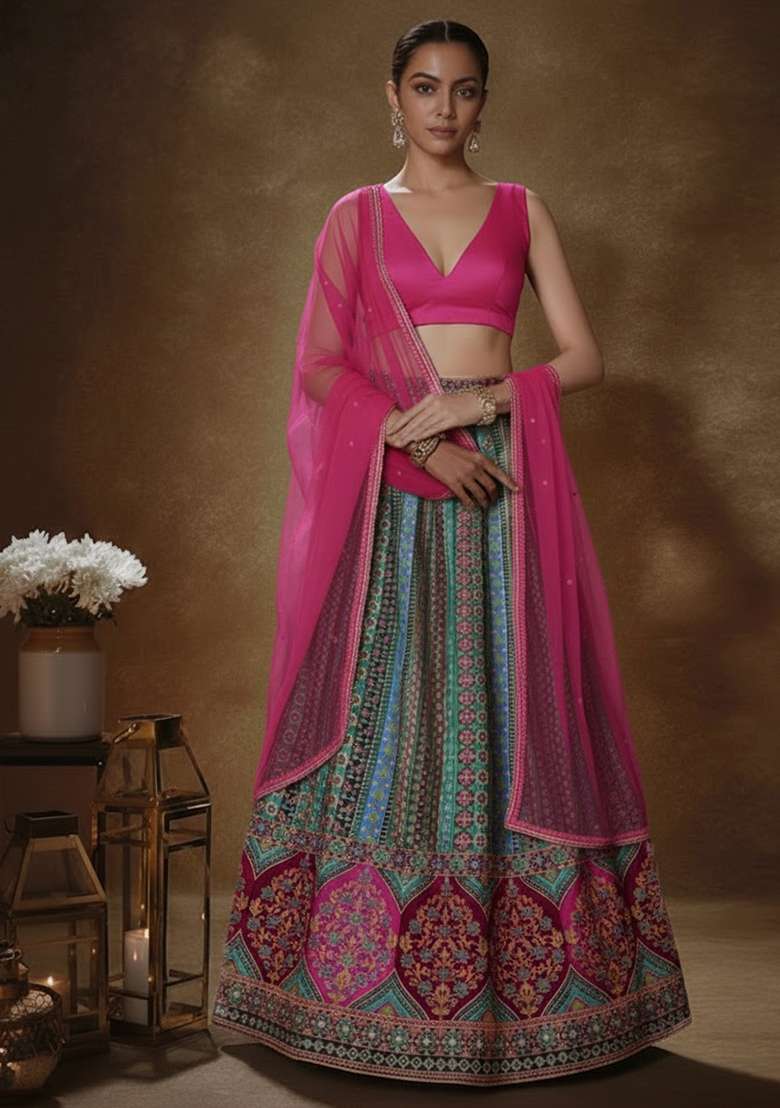 Pink Printed Brocade Lehenga Set - Indya