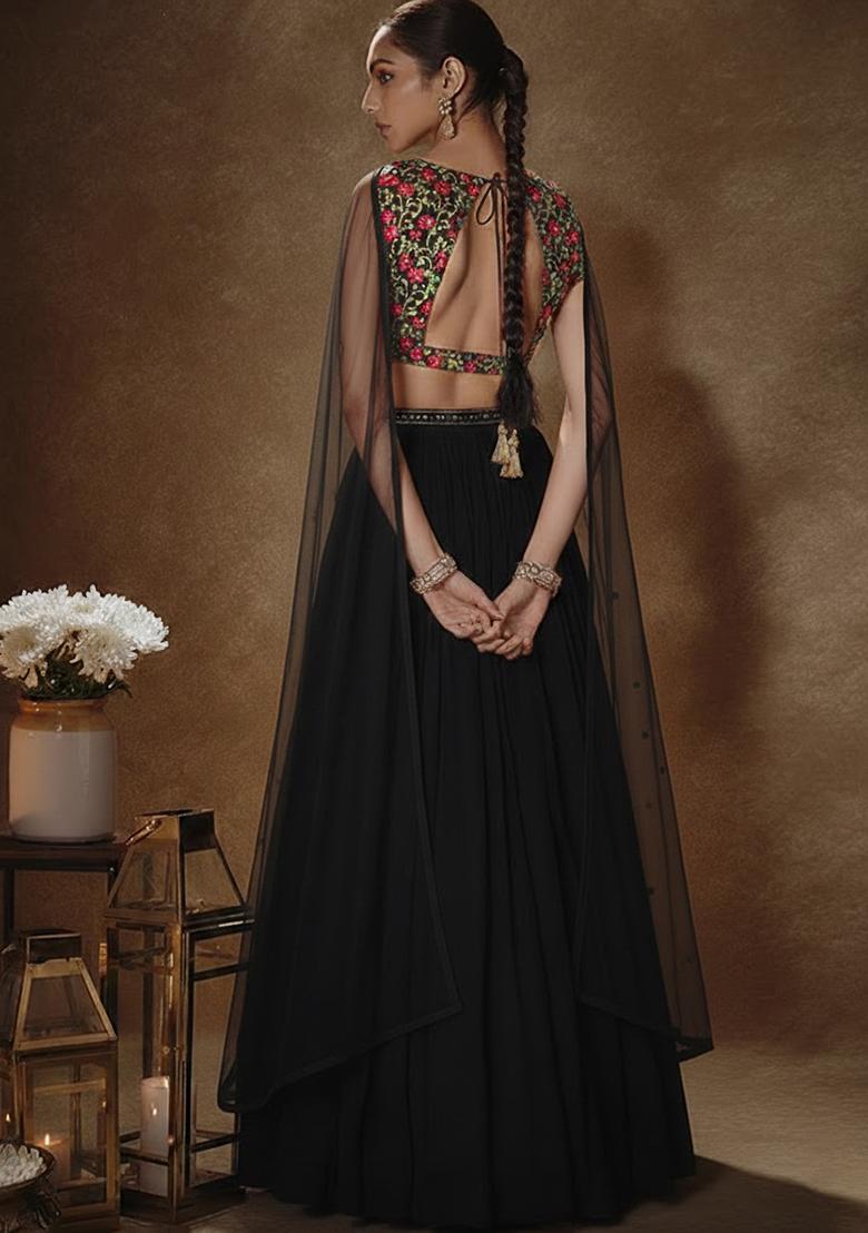 Black Sequin Silk Lehenga Set - Indya