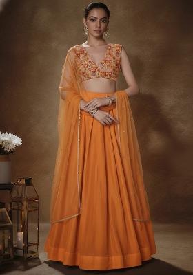 Orange Figure Print Silk Lehenga Set