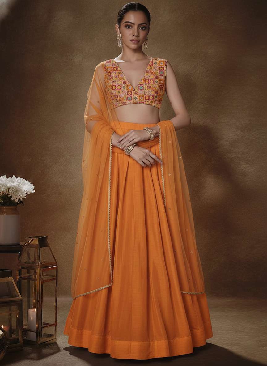 Orange Figure Print Silk Lehenga Set for Diwali and Festive Wear - Indya