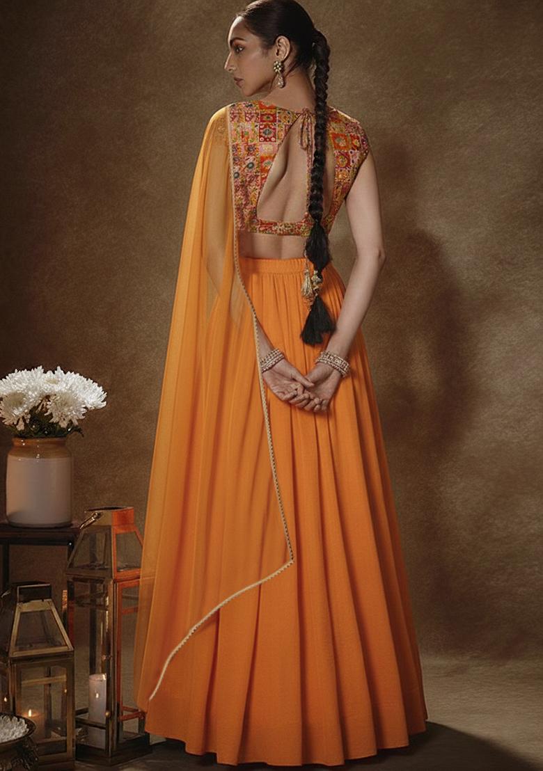 Orange Figure Print Silk Lehenga Set - Indya