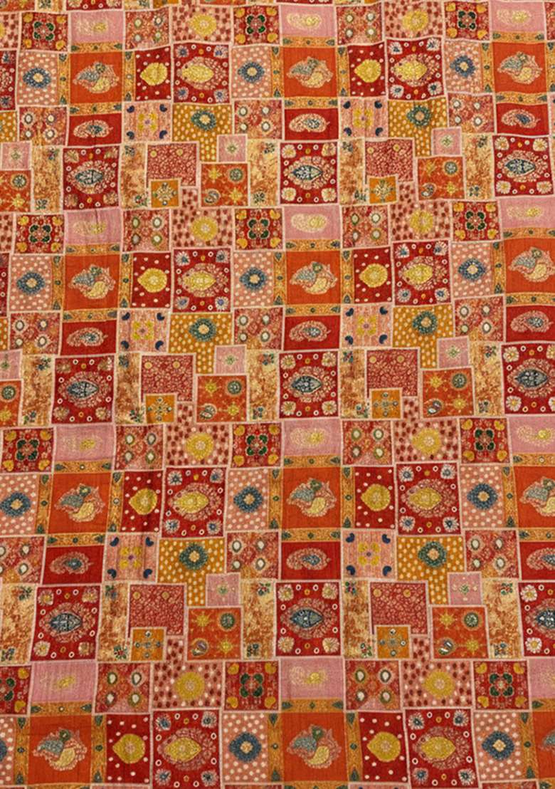 Orange Figure Print Silk Lehenga Set for Diwali and Festive Wear - Indya