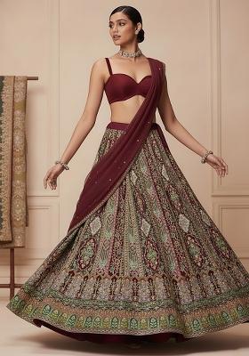 Brown Embroidered Crepe Lehenga Set