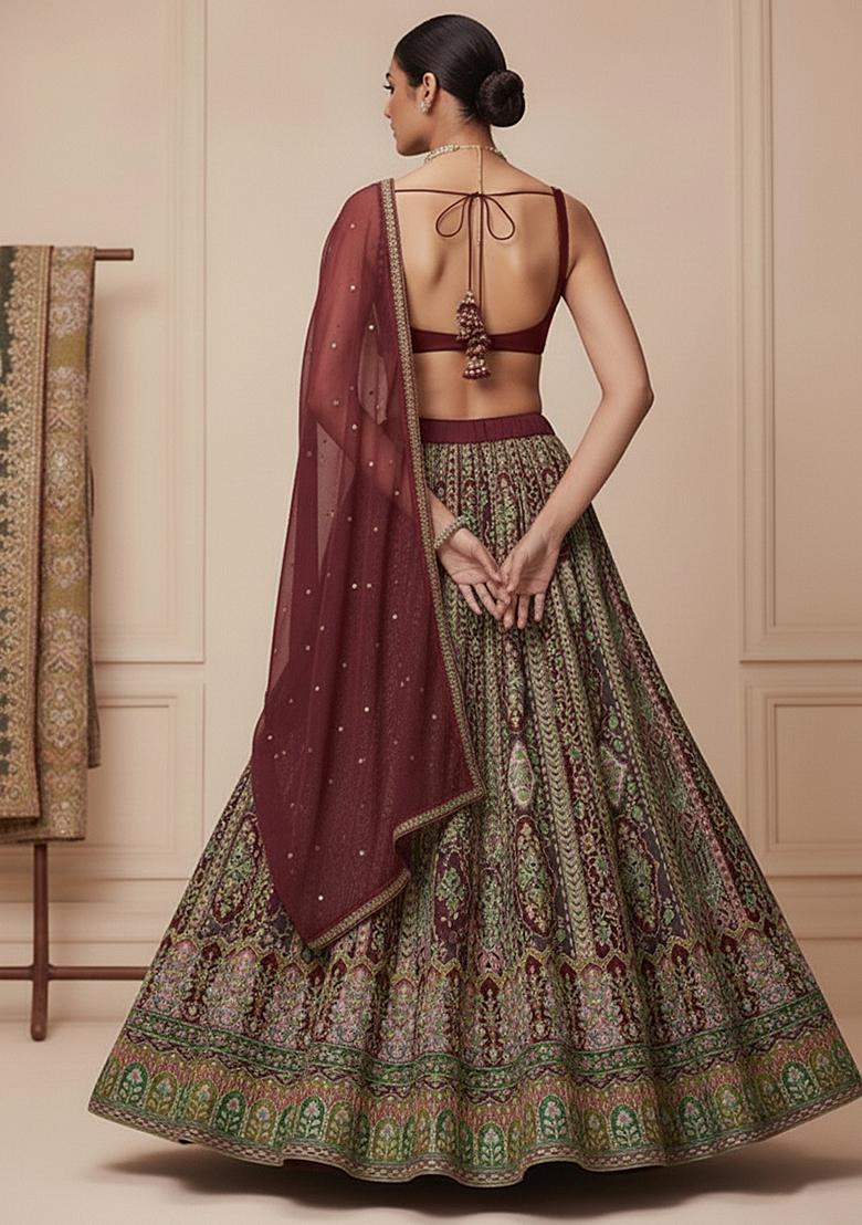 Brown Embroidered Crepe Lehenga Set - Indya