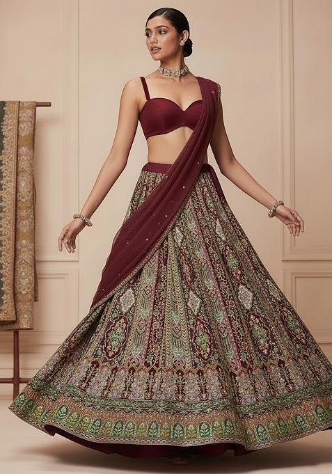 Brown Embroidered Crepe Lehenga Set