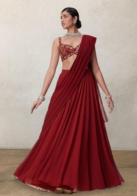Red Embroidered Crepe Lehenga Set