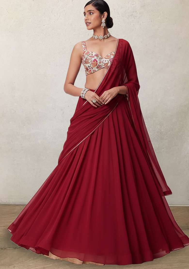 Wine Floral Print Crepe Lehenga Set - Indya